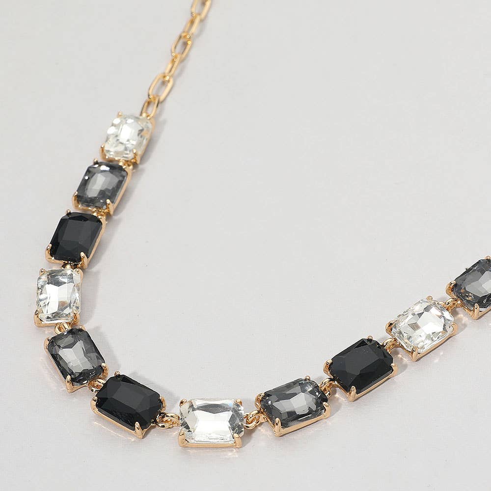 Cushion Rectangular Stone Cluster Link Evening Necklace: AB,Antique Silver