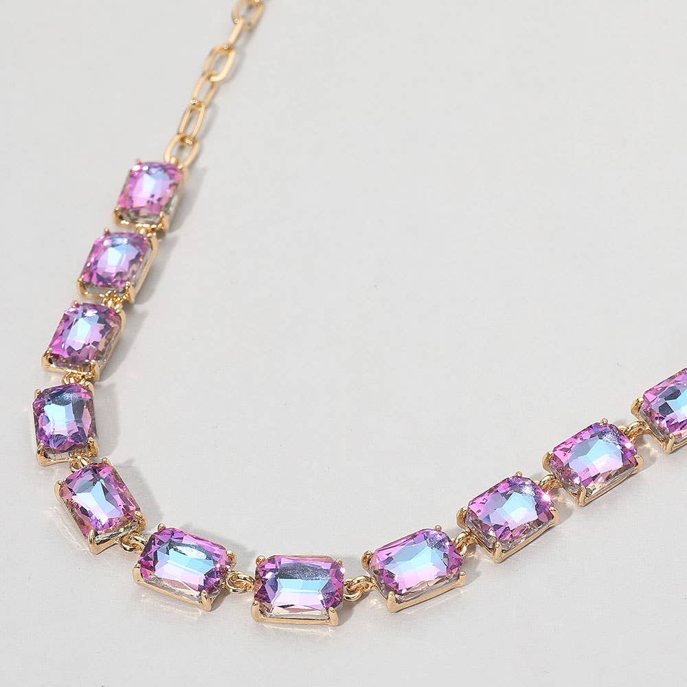 Cushion Rectangular Stone Cluster Link Evening Necklace: AB,Lavender