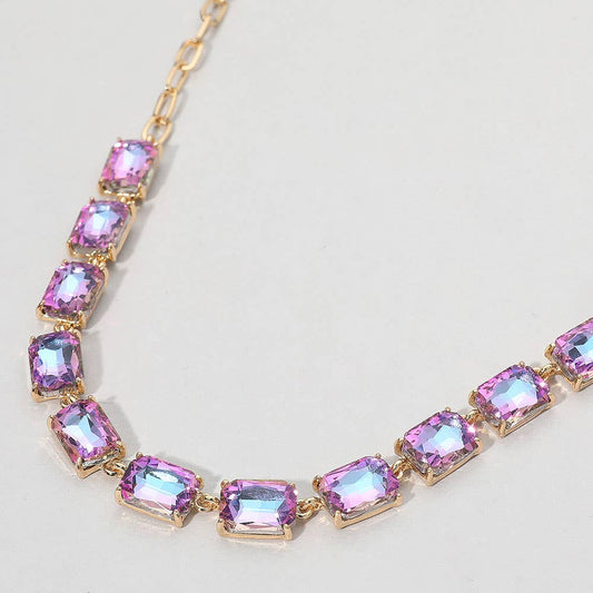 Cushion Rectangular Stone Cluster Link Evening Necklace: AB,Lavender