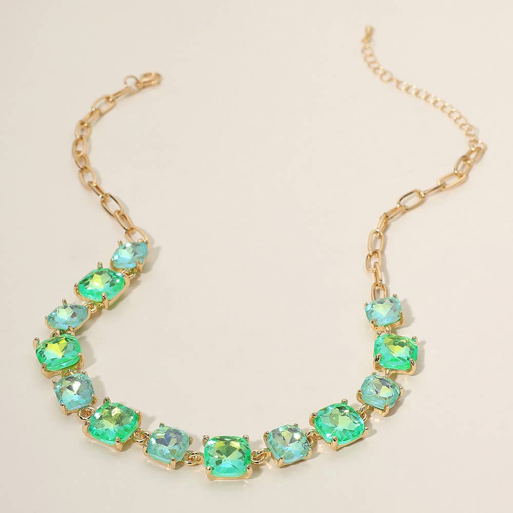 Cushion Square Stone Link Evening Necklace: AB,Blue