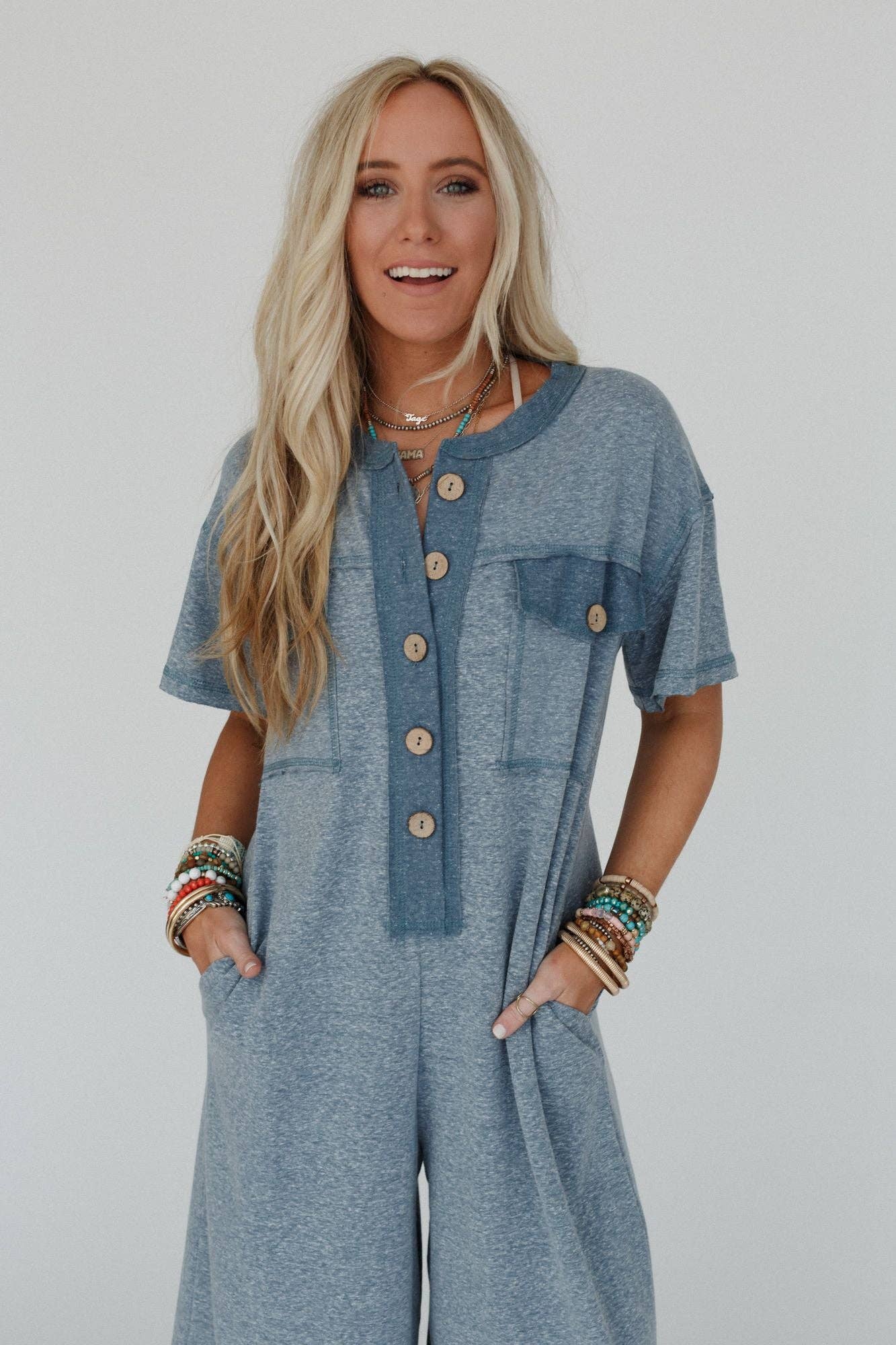 Jodi Short Sleeve Jumpsuit - Teal: XL