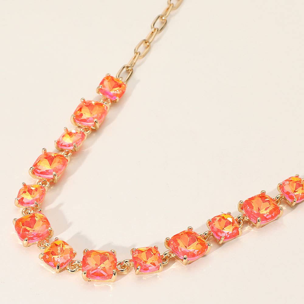 Cushion Square Stone Link Evening Necklace: AB,Blue