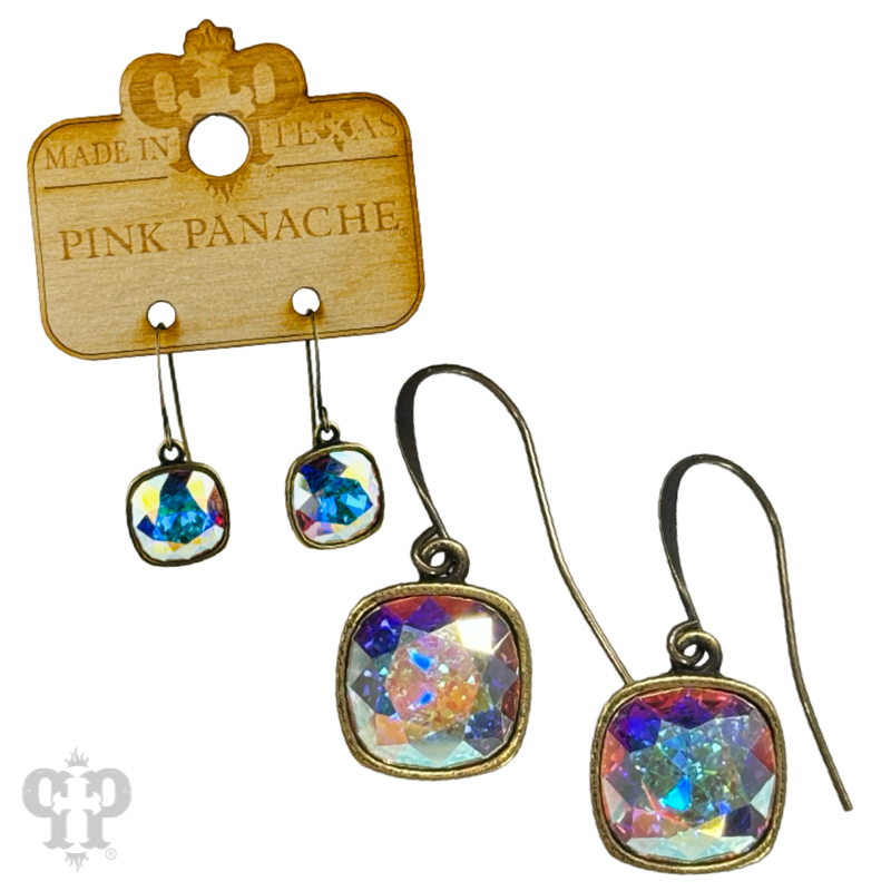 Austrian square crystal hook earring, 12mm: Clear/Bronze