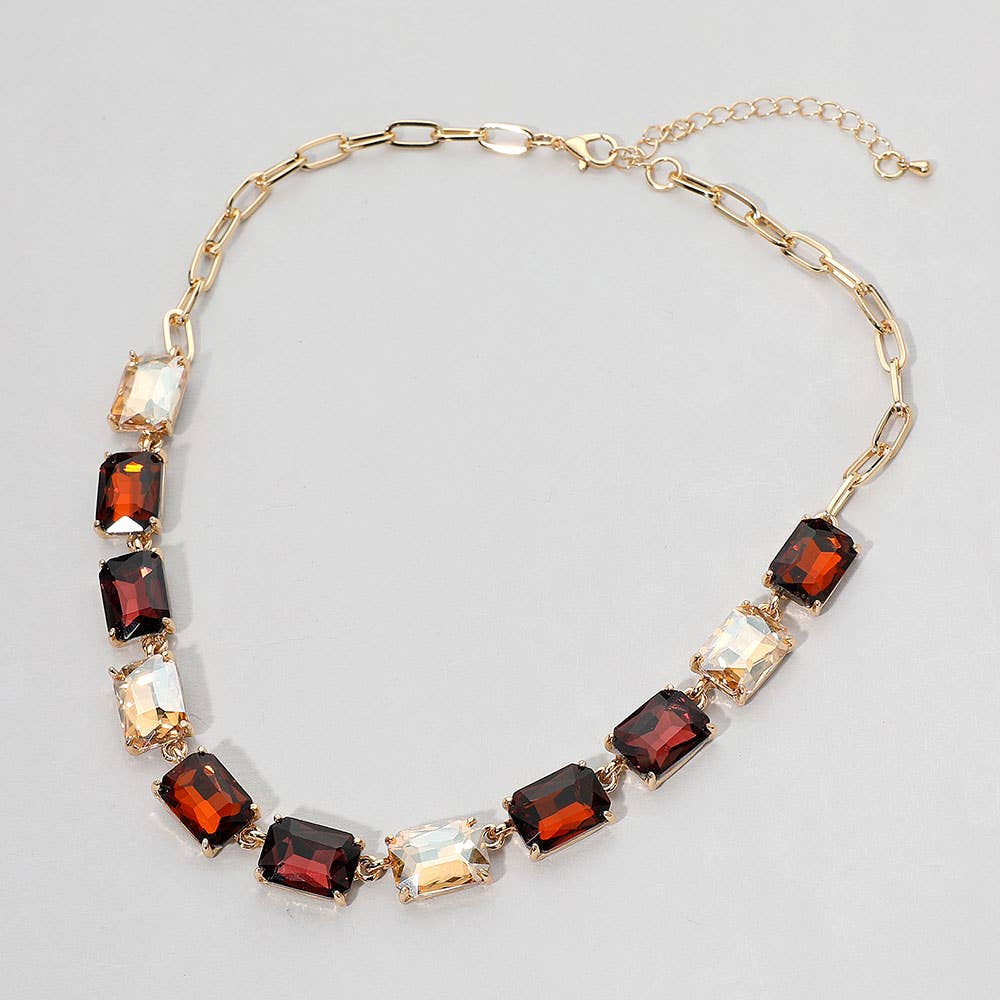 Cushion Rectangular Stone Cluster Link Evening Necklace: AB,Gold