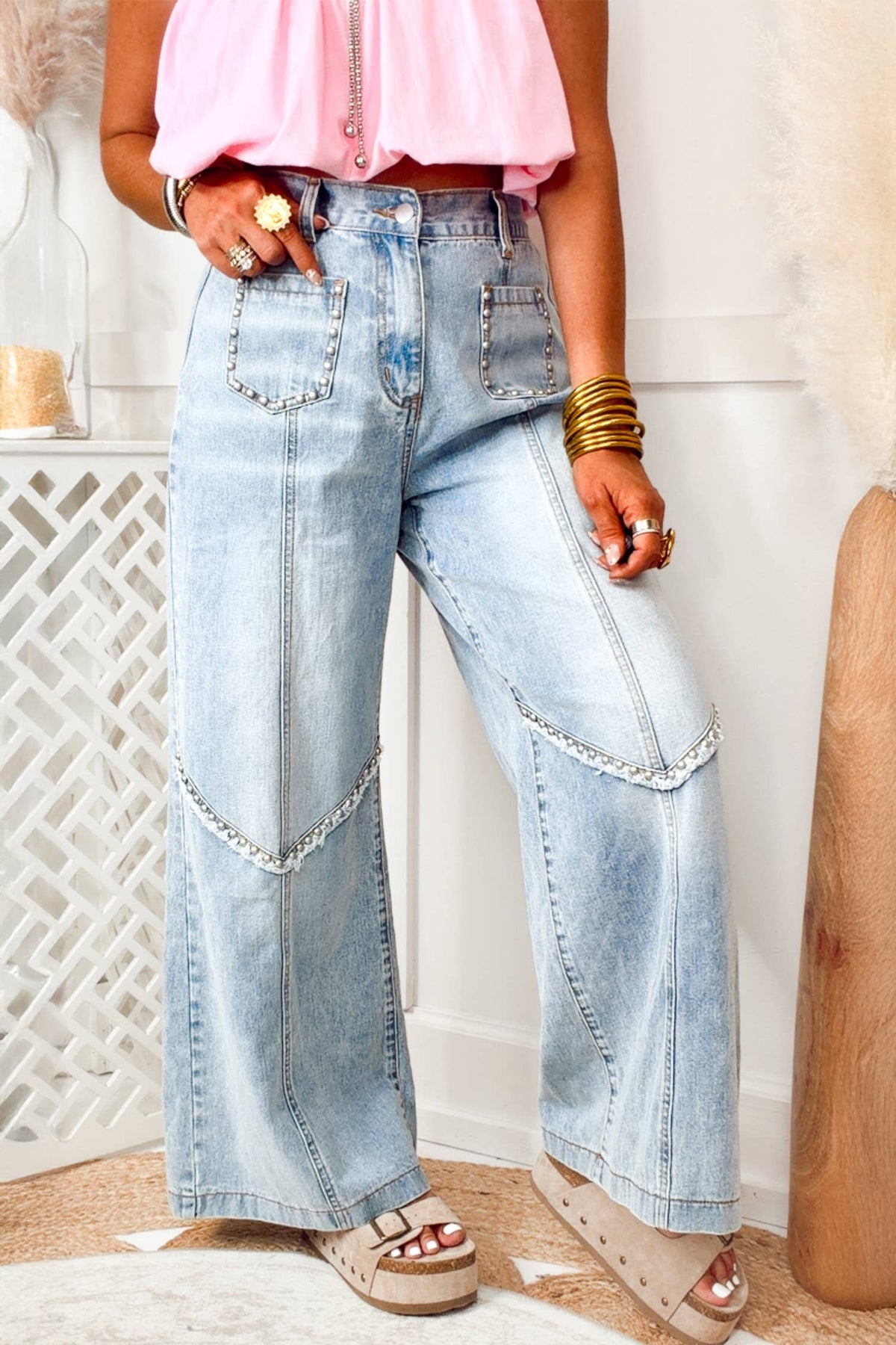 66 Frayed Studded Detail Wide Leg Pocketed Jeans (4-16): Beau Blue / 6