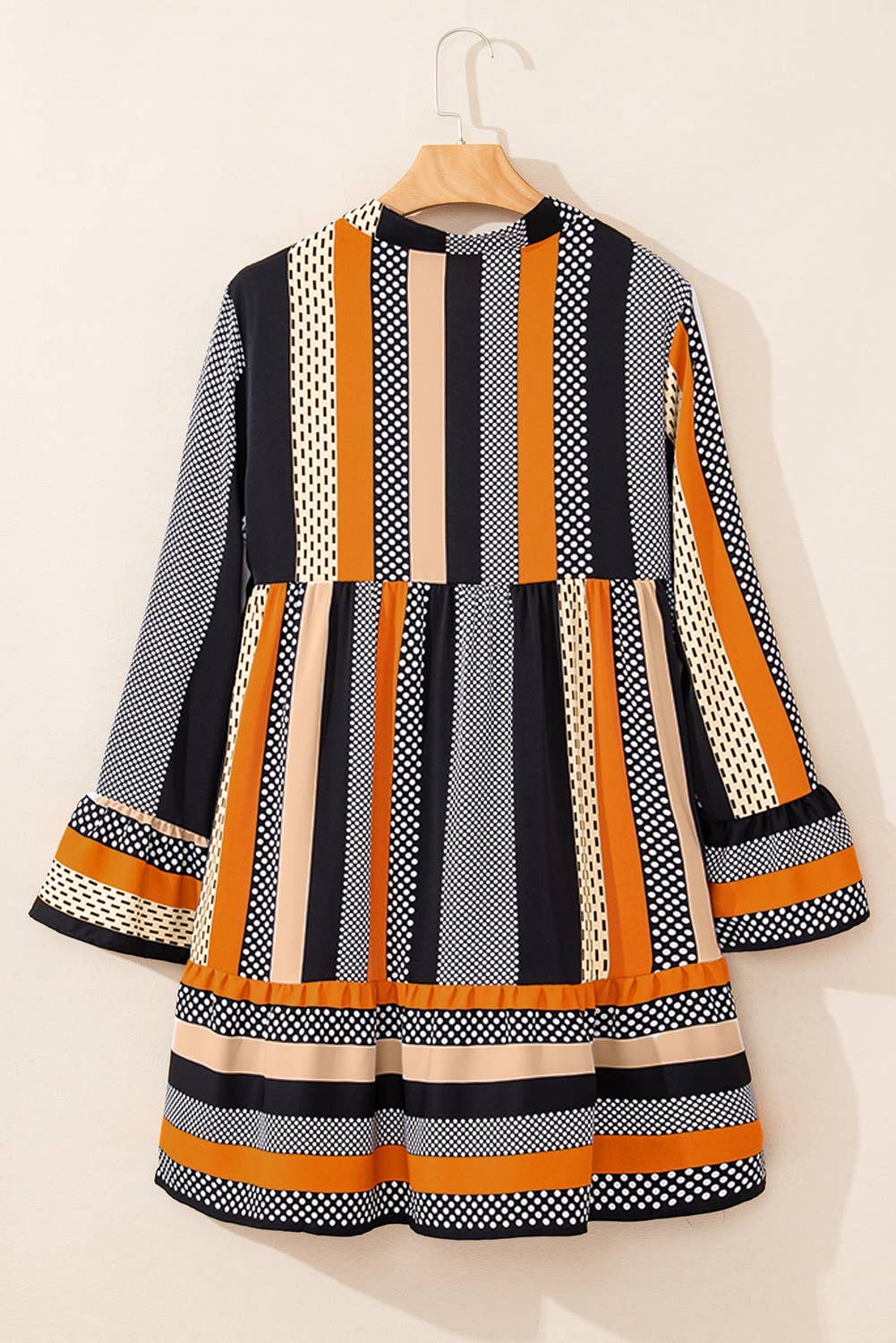 Striped Polka Dot Print V Neck Long Sleeve Mini Dress (S-XL): Multi-Colored / Missy / S