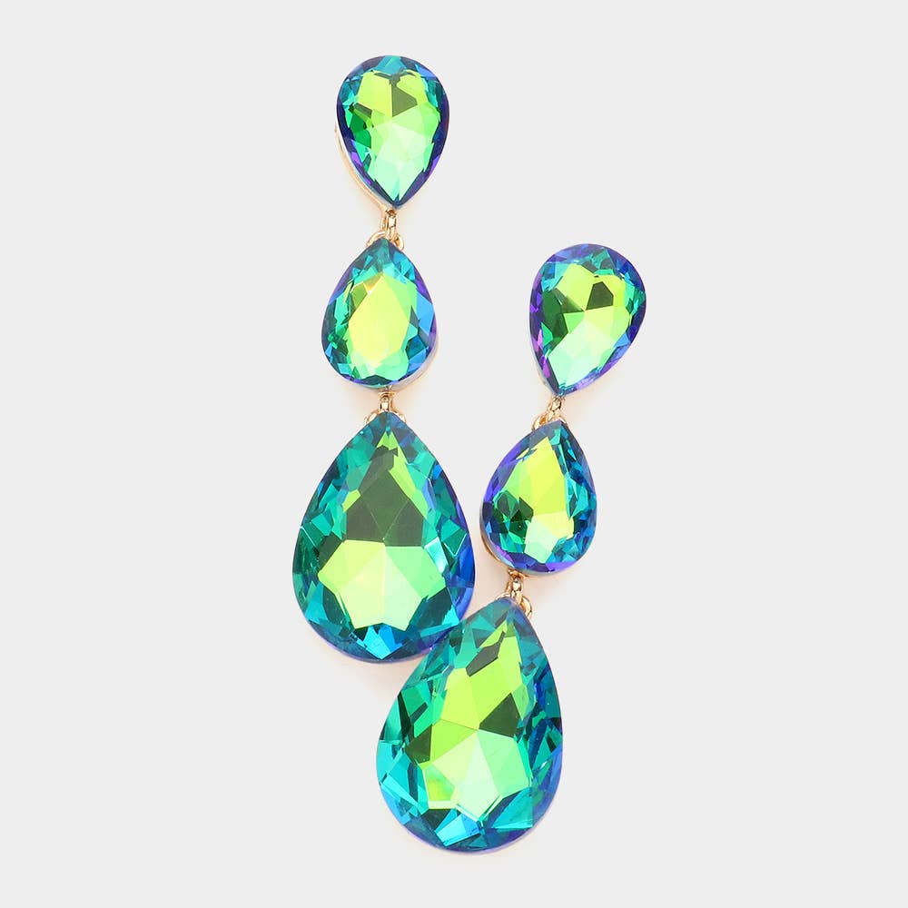 Triple Glass Crystal Teardrop Evening Earrings: AB Gold