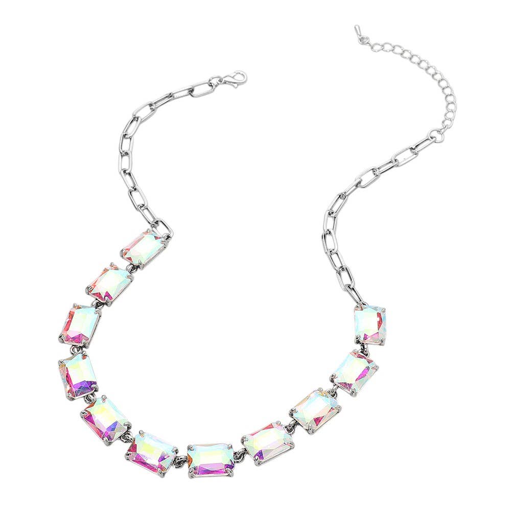 Cushion Rectangular Stone Cluster Link Evening Necklace: AB,Antique Silver