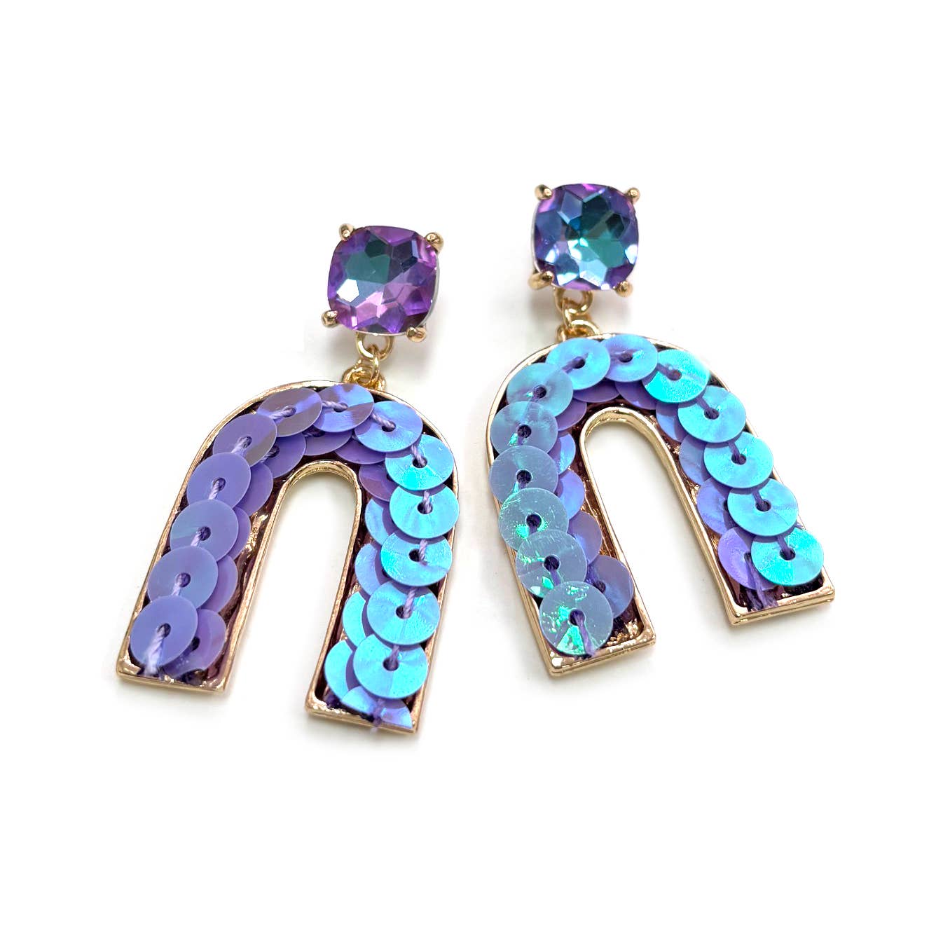 Cushion Cut Stone Post with Arch Sequin Dangle Earrings: Lavender