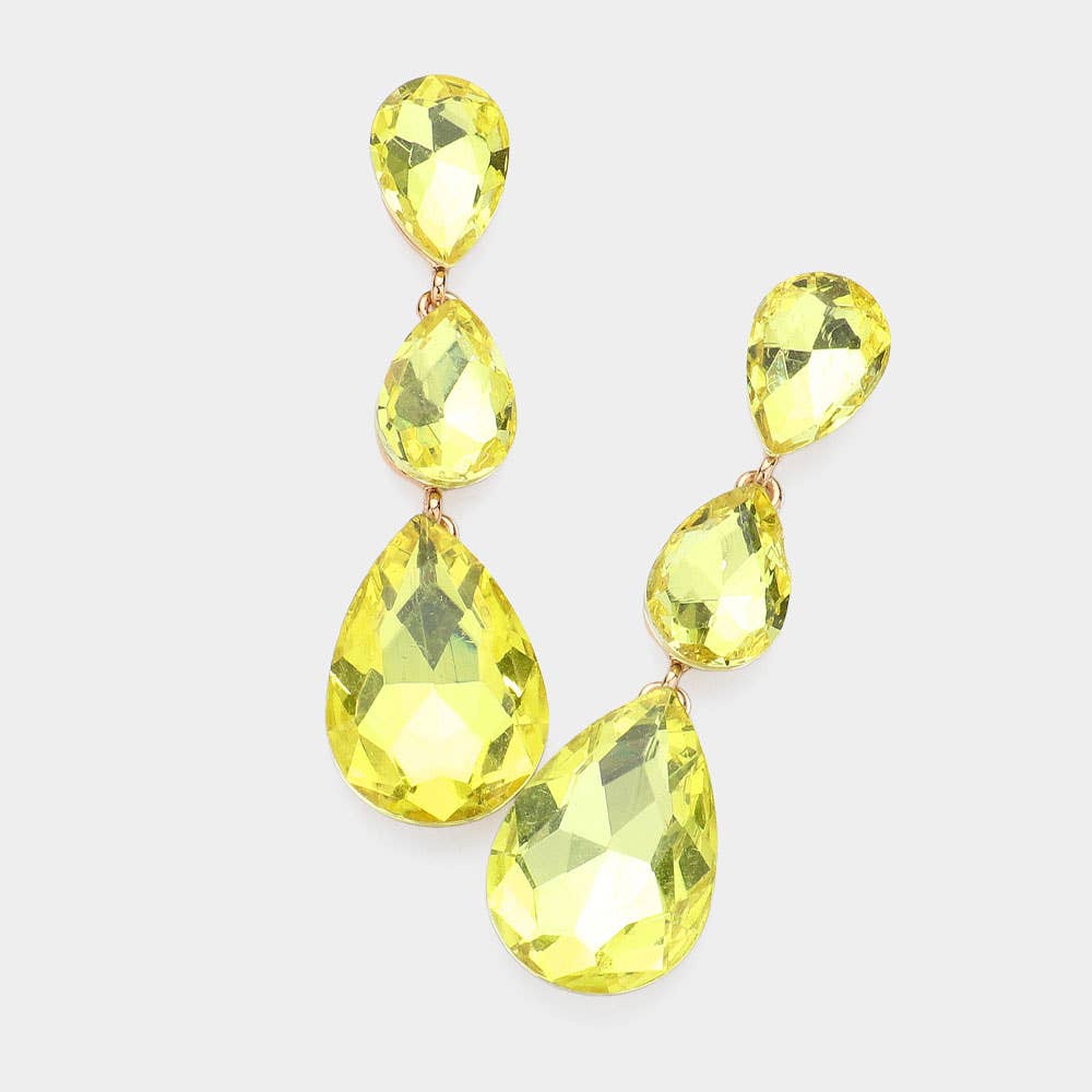 Triple Glass Crystal Teardrop Evening Earrings: Pink