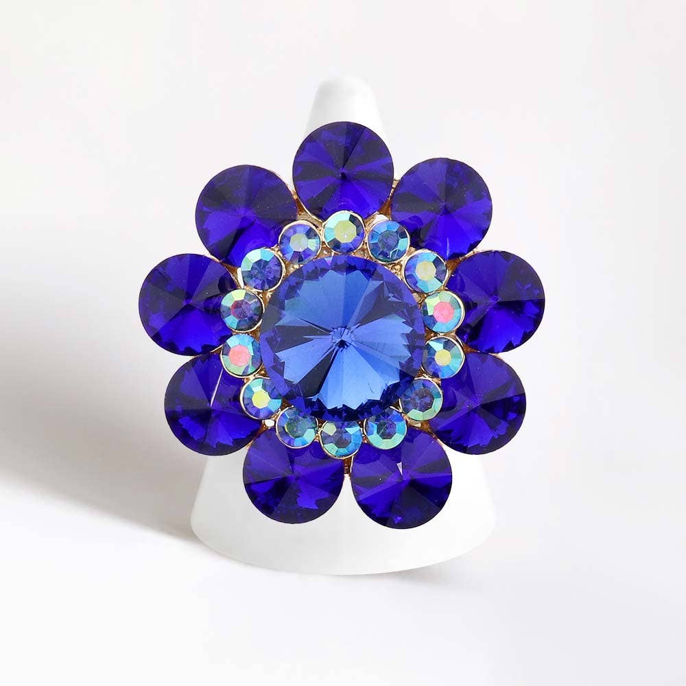 Round Crystal Flower Stretch Ring: AB,Gold