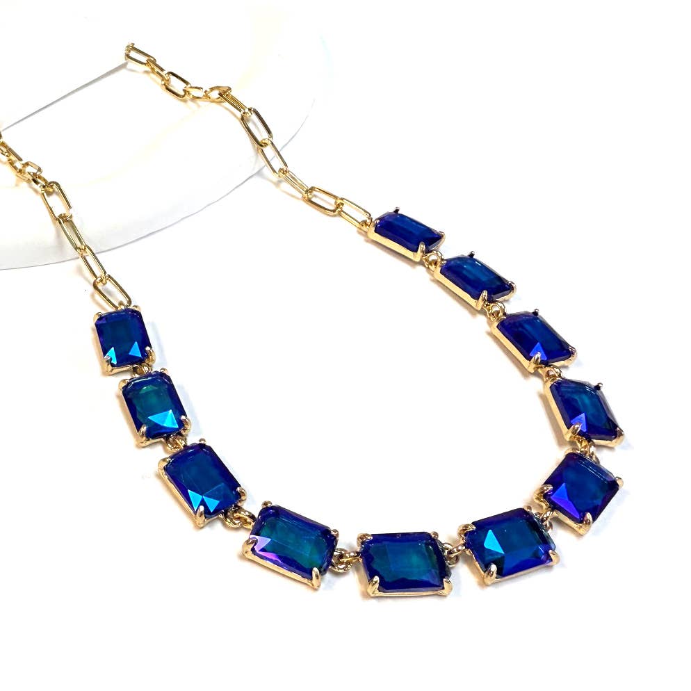 Rectangle Crystal Glass Linked Statement Chain Necklace : Neon Multi
