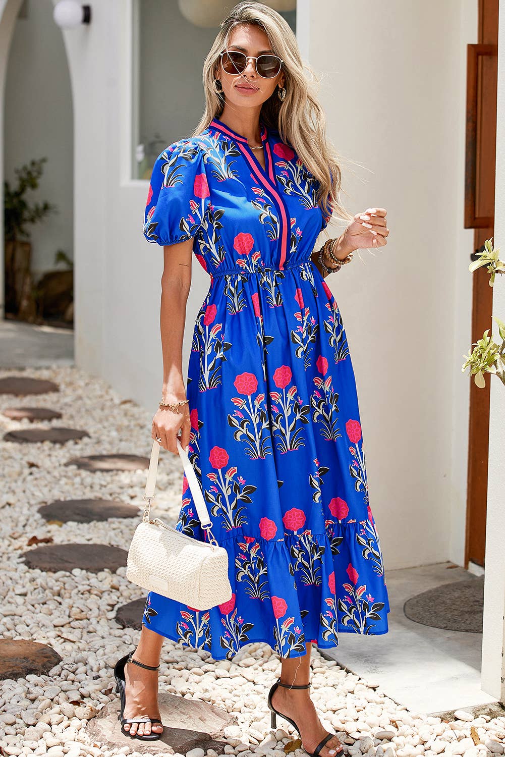 LDC Floral Puff Short Sleeve V Neck High Waist Maxi Dress: White / S