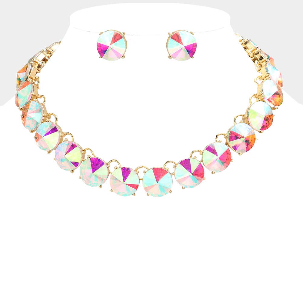Round Stone Link Evening Necklace: AB,Silver