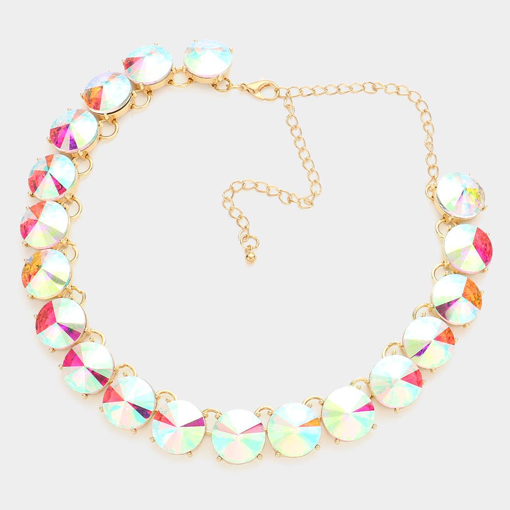 Round Stone Link Evening Necklace: AB,Silver