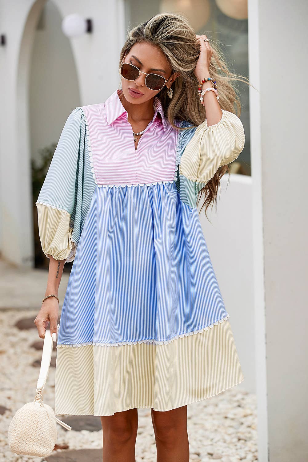 LDC Striped Patchwork Ric Rac Puff Sleeve Collared Dress: Multi-Colored / S