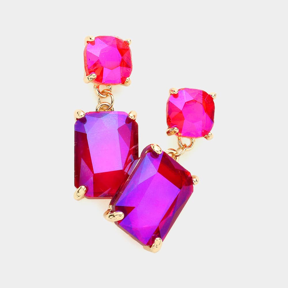 Square Rectangle Glass Stone Link Dangle Evening Earrings: G-MT-AB