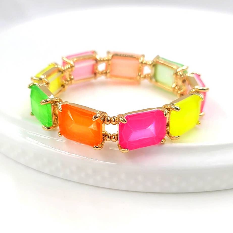 Rectangular Glass Crystal Linked Stretch Bracelet: NEON-MULTI