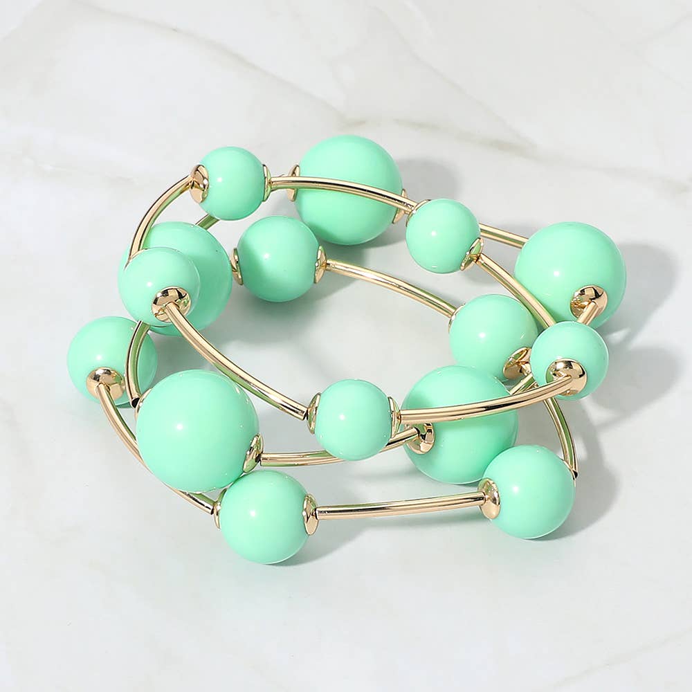 3PCS - Resin Ball Metal Bar Beaded Stretch Stackable Multi Layered Bracelets: Gold,Light Blue