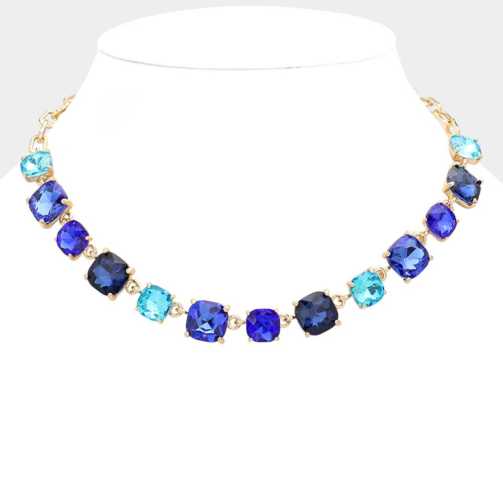 Cushion Square Stone Link Evening Necklace: AB,Blue