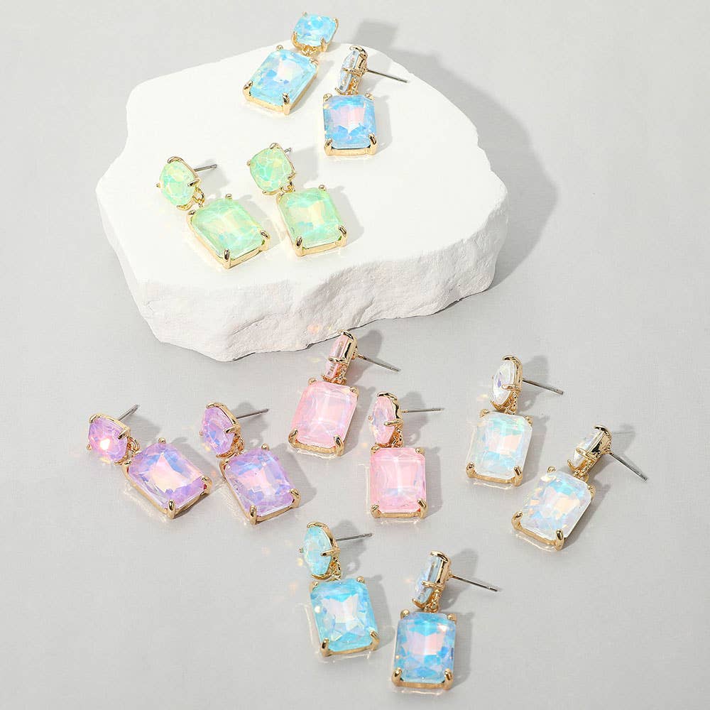 Square Rectangle Glass Stone Link Dangle Evening Earrings: G-PK-AB