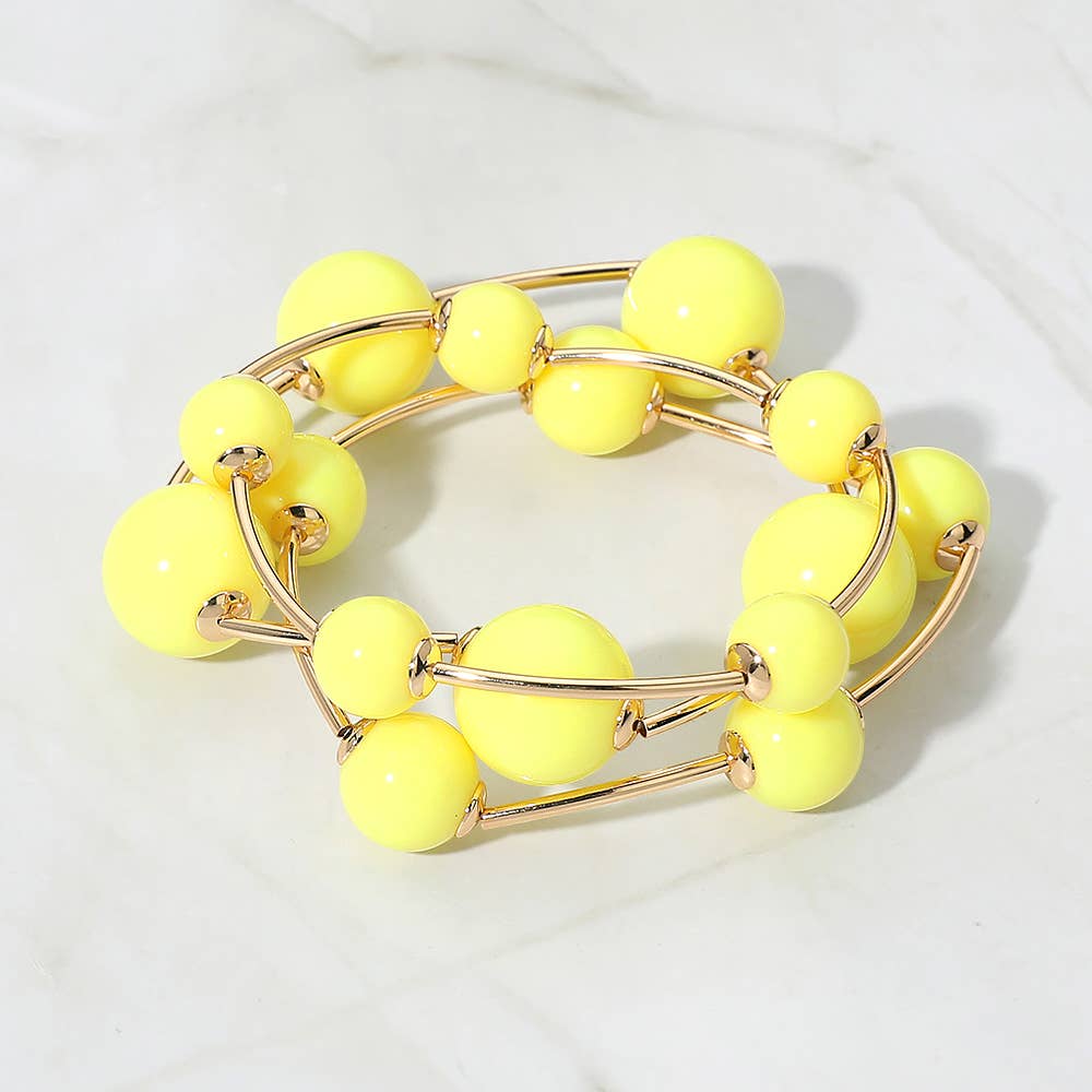 3PCS - Resin Ball Metal Bar Beaded Stretch Stackable Multi Layered Bracelets: Gold,Lavender