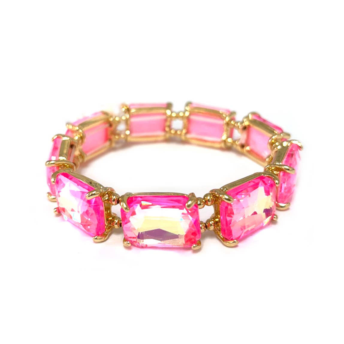 Rectangular Glass Crystal Linked Stretch Bracelet: NEON-GREEN