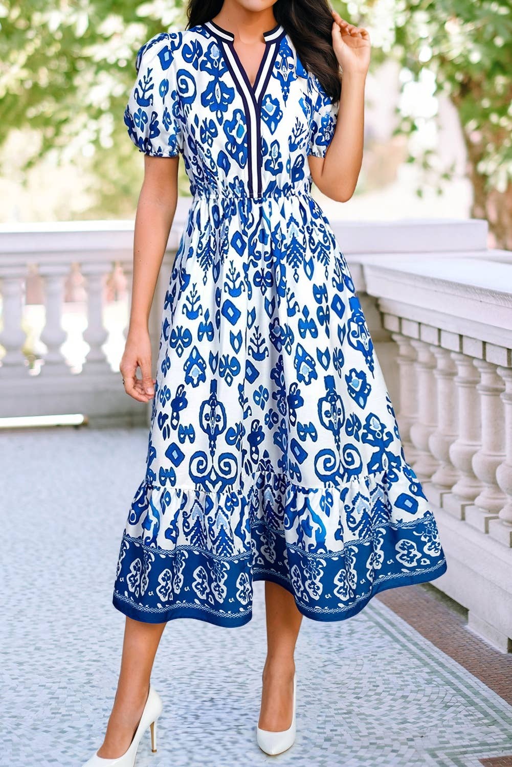 LDC Floral Puff Short Sleeve V Neck High Waist Maxi Dress: White / S
