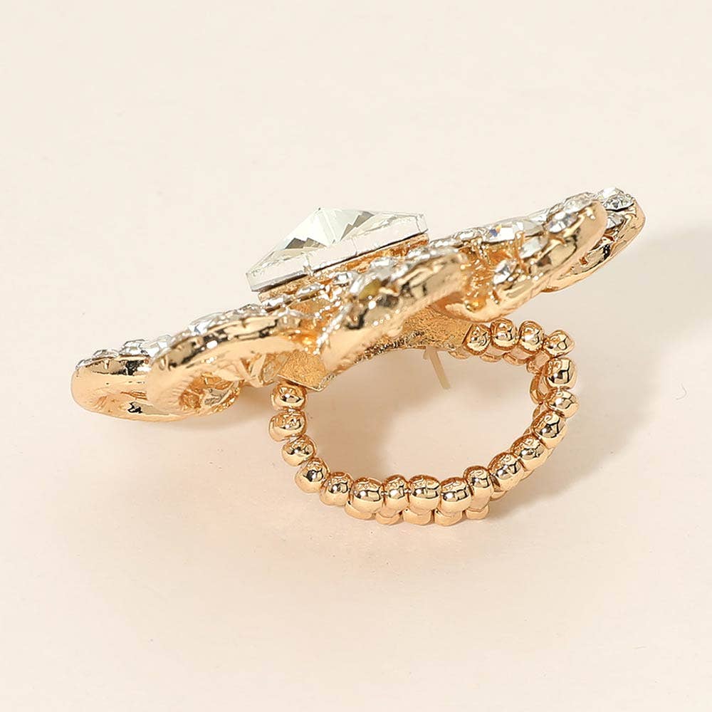 Floral Stone Accent Stretch Statement Ring: AB,Silver