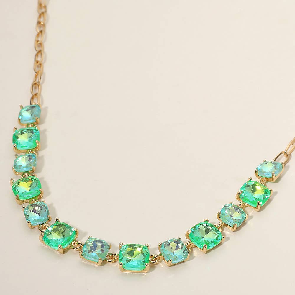 Cushion Square Stone Link Evening Necklace: AB,Blue