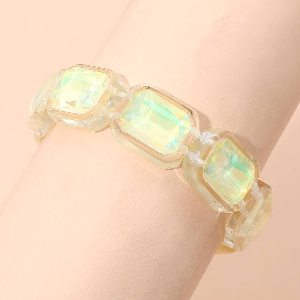 Iridescent Rectangular Resin Frame Beaded Stretch Bracelet: Pink