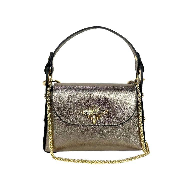 Women's Metallic Leather Compact Bag with Studs and Bee: Rose