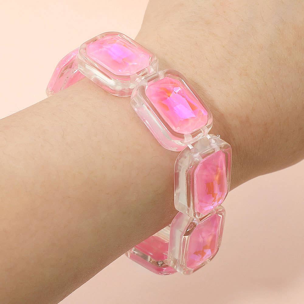 Iridescent Rectangular Resin Frame Beaded Stretch Bracelet: White
