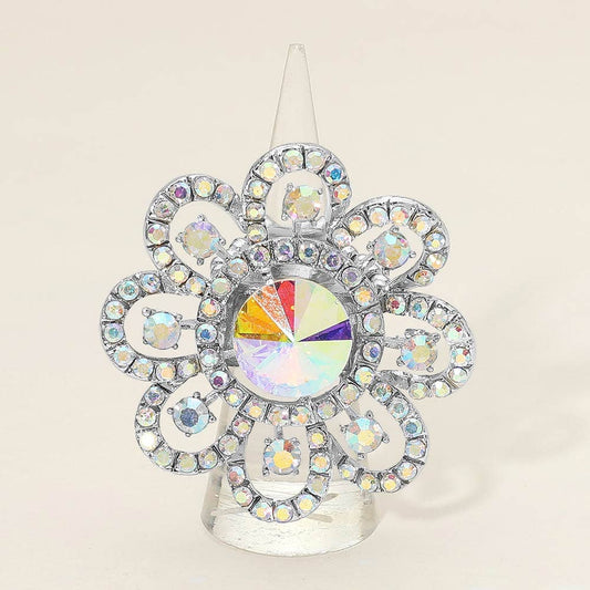 Floral Stone Accent Stretch Statement Ring: AB,Silver