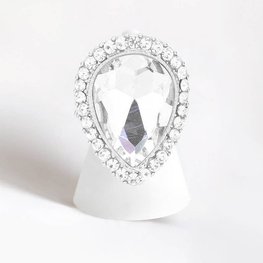 Crystal rhinestone teardrop stretch cocktail ring: Rhodium