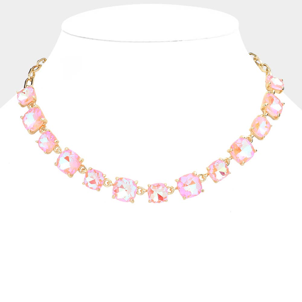 Cushion Square Stone Link Evening Necklace: AB,Pink