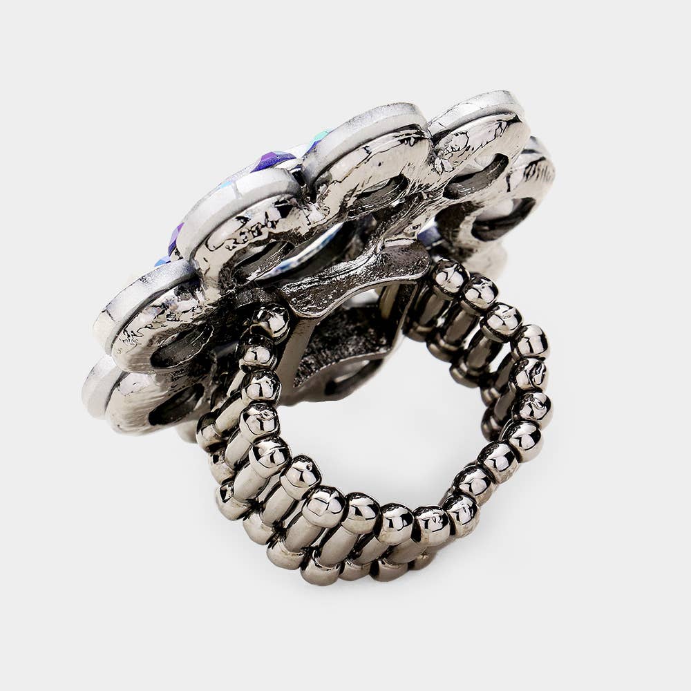 Round Crystal Flower Stretch Ring: AB,Gold