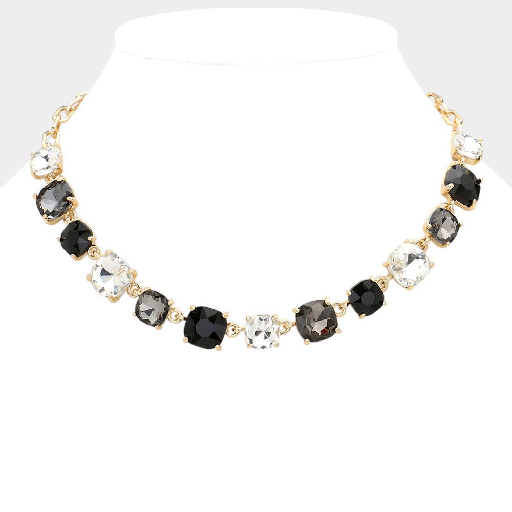 Cushion Square Stone Link Evening Necklace: AB,Pink