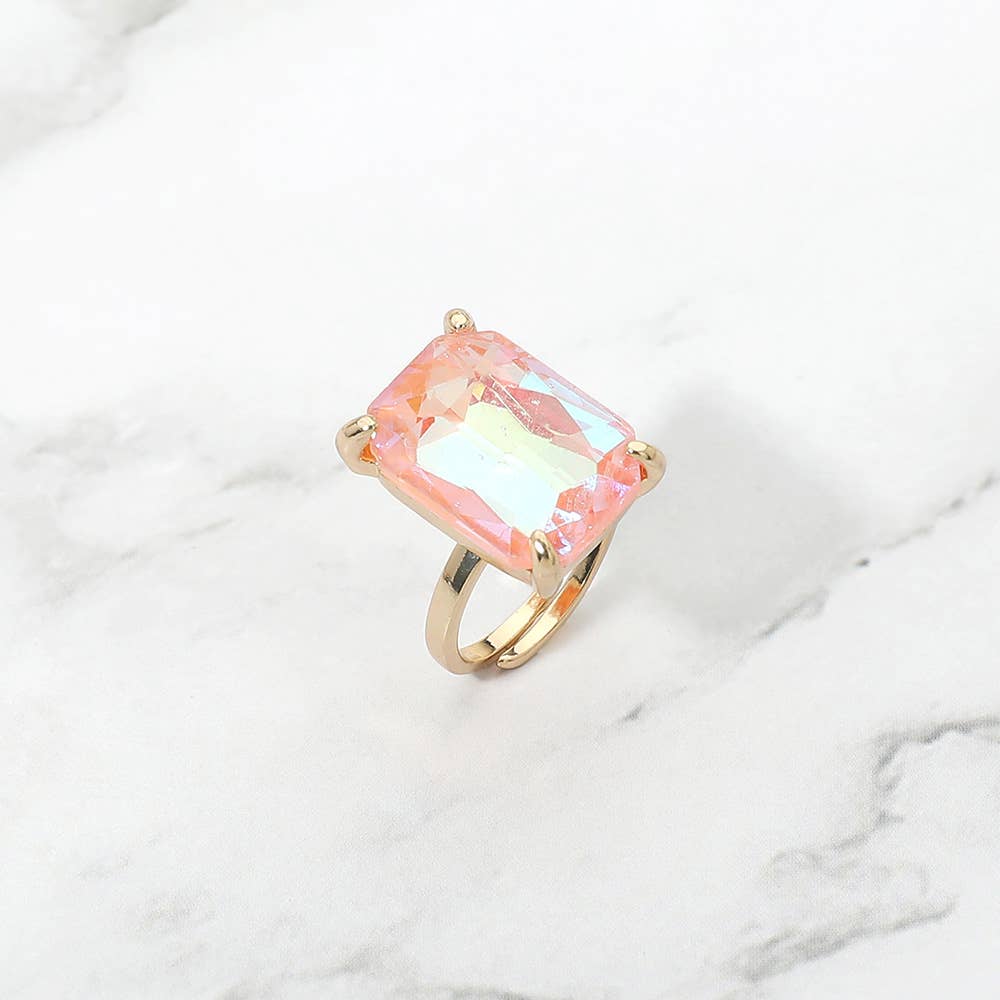 Bold Emerald Cut Stone Cluster Accent Adjustable Ring: AB,Blue