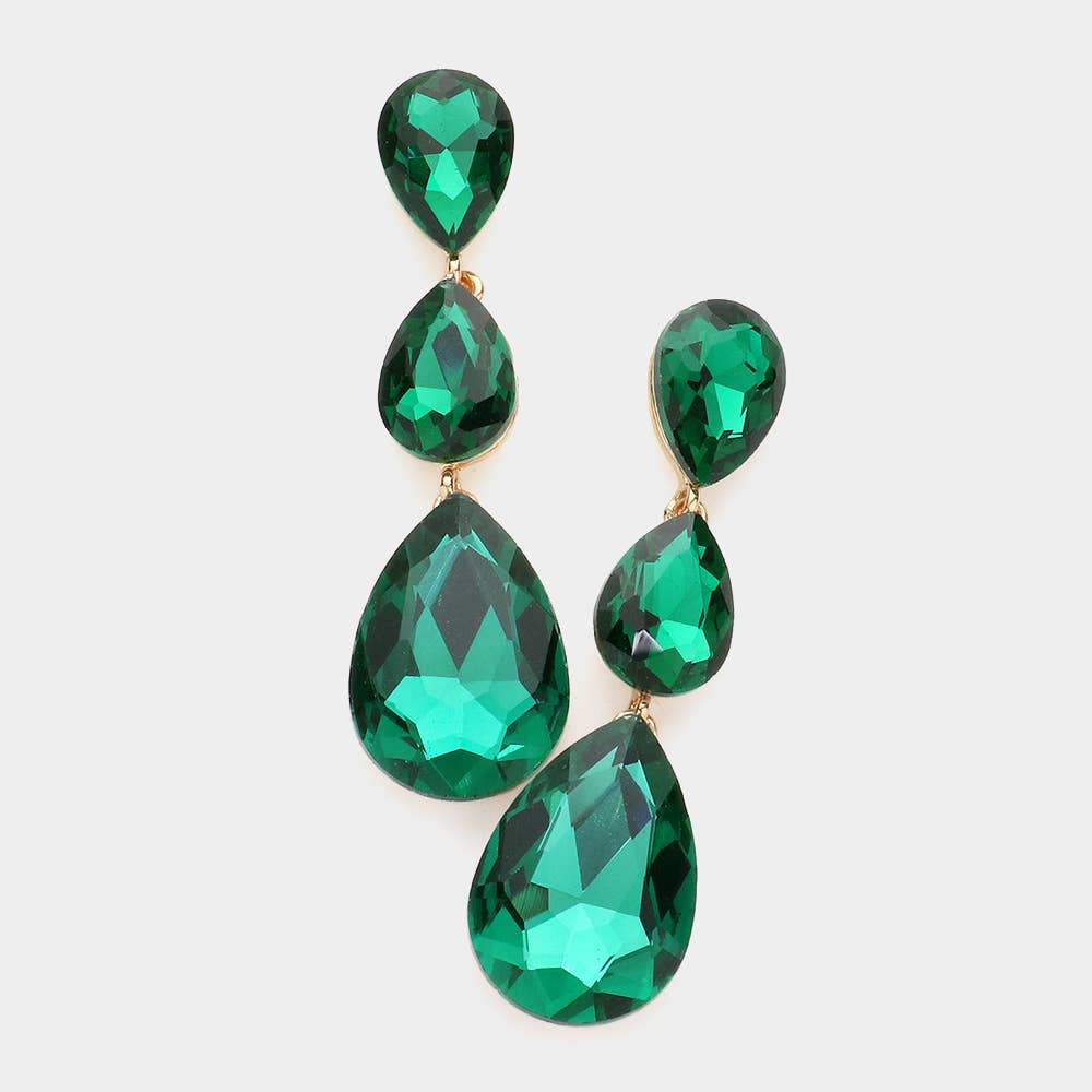Triple Glass Crystal Teardrop Evening Earrings: Pink