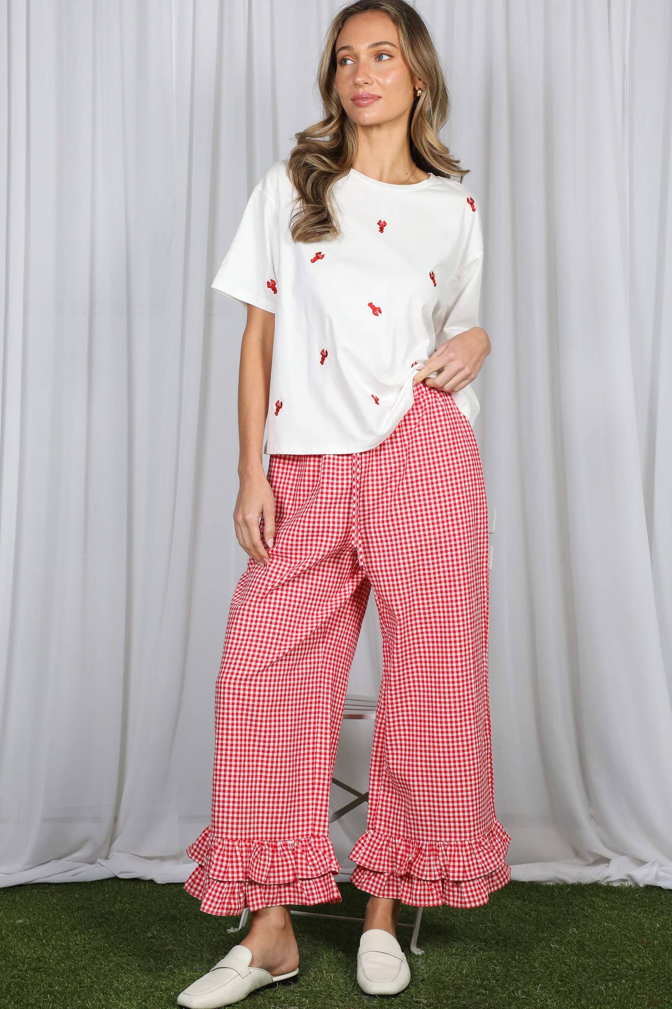 Gingham Casual Ruffled Hem 100%Cotton Cropped Pants VP83379A: Red / M