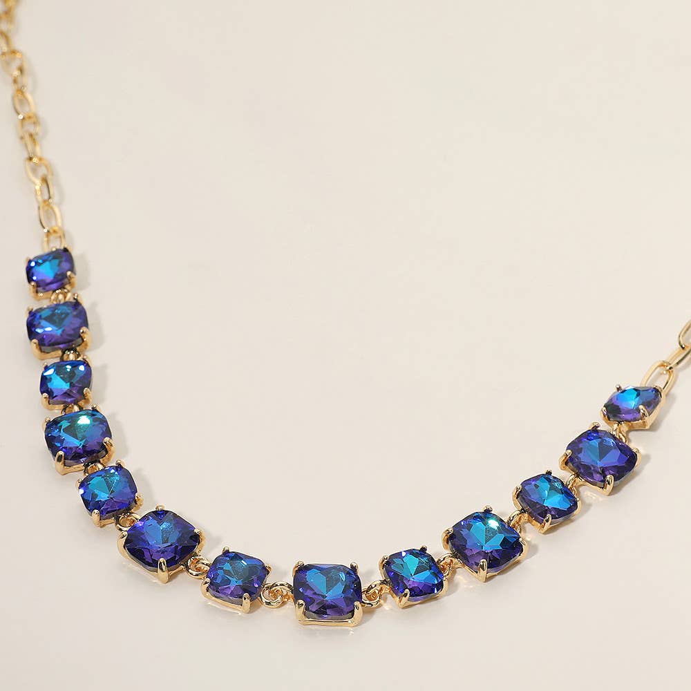 Cushion Square Stone Link Evening Necklace: AB,Pink