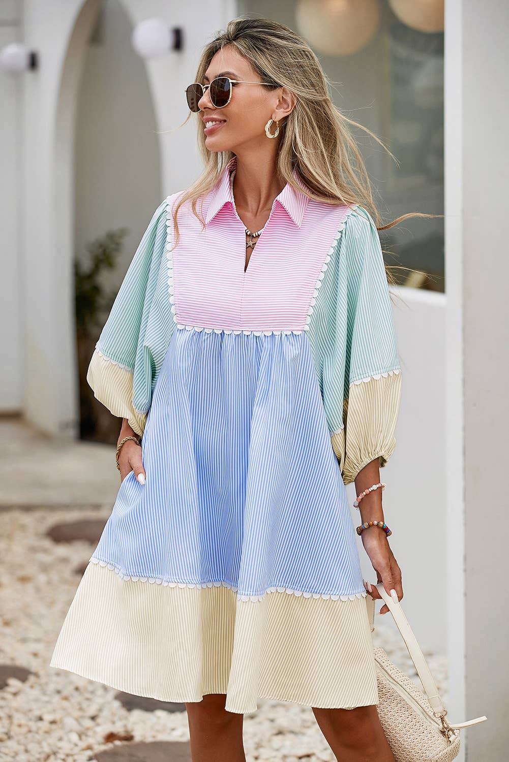 LDC Striped Patchwork Ric Rac Puff Sleeve Collared Dress: Multi-Colored / L