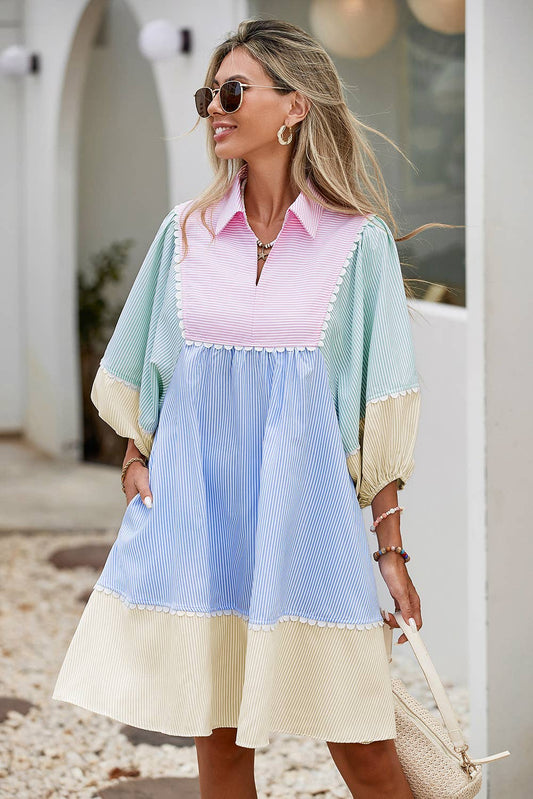 LDC Striped Patchwork Ric Rac Puff Sleeve Collared Dress: Multi-Colored / S