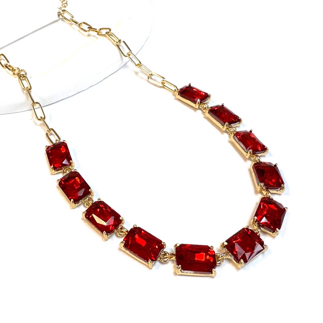Rectangle Crystal Glass Linked Statement Chain Necklace : Neon Multi