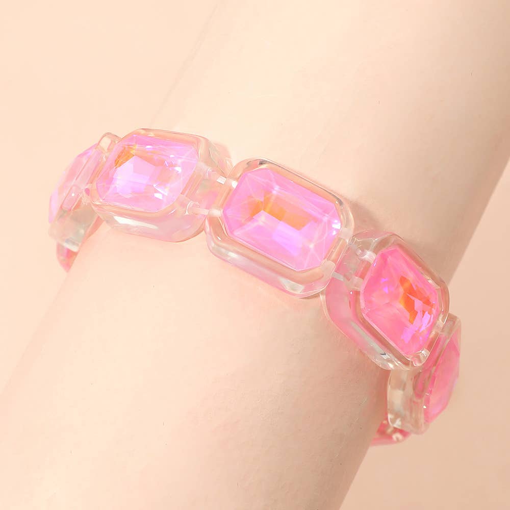 Iridescent Rectangular Resin Frame Beaded Stretch Bracelet: White