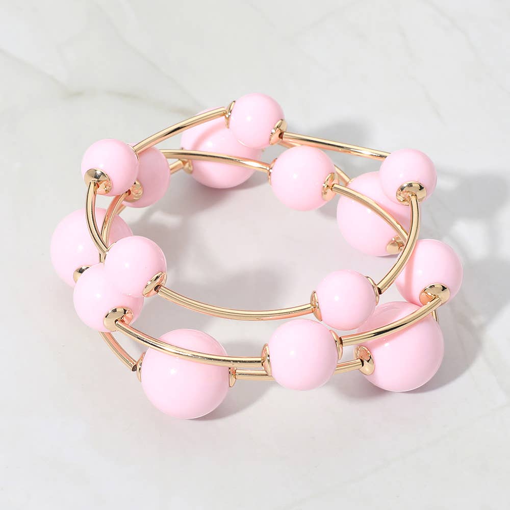 3PCS - Resin Ball Metal Bar Beaded Stretch Stackable Multi Layered Bracelets: Gold,Light,Pink