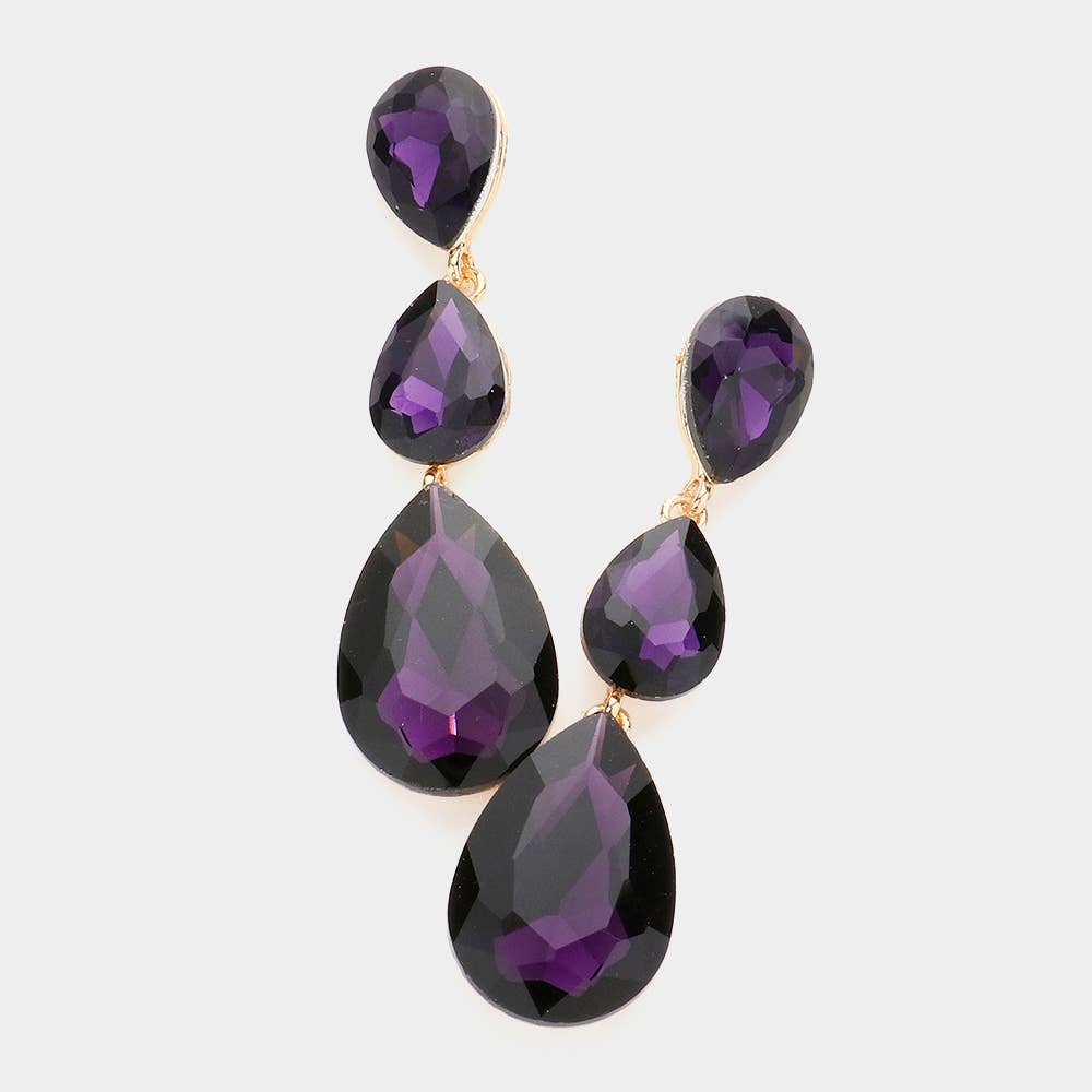 Triple Glass Crystal Teardrop Evening Earrings: AB Gold