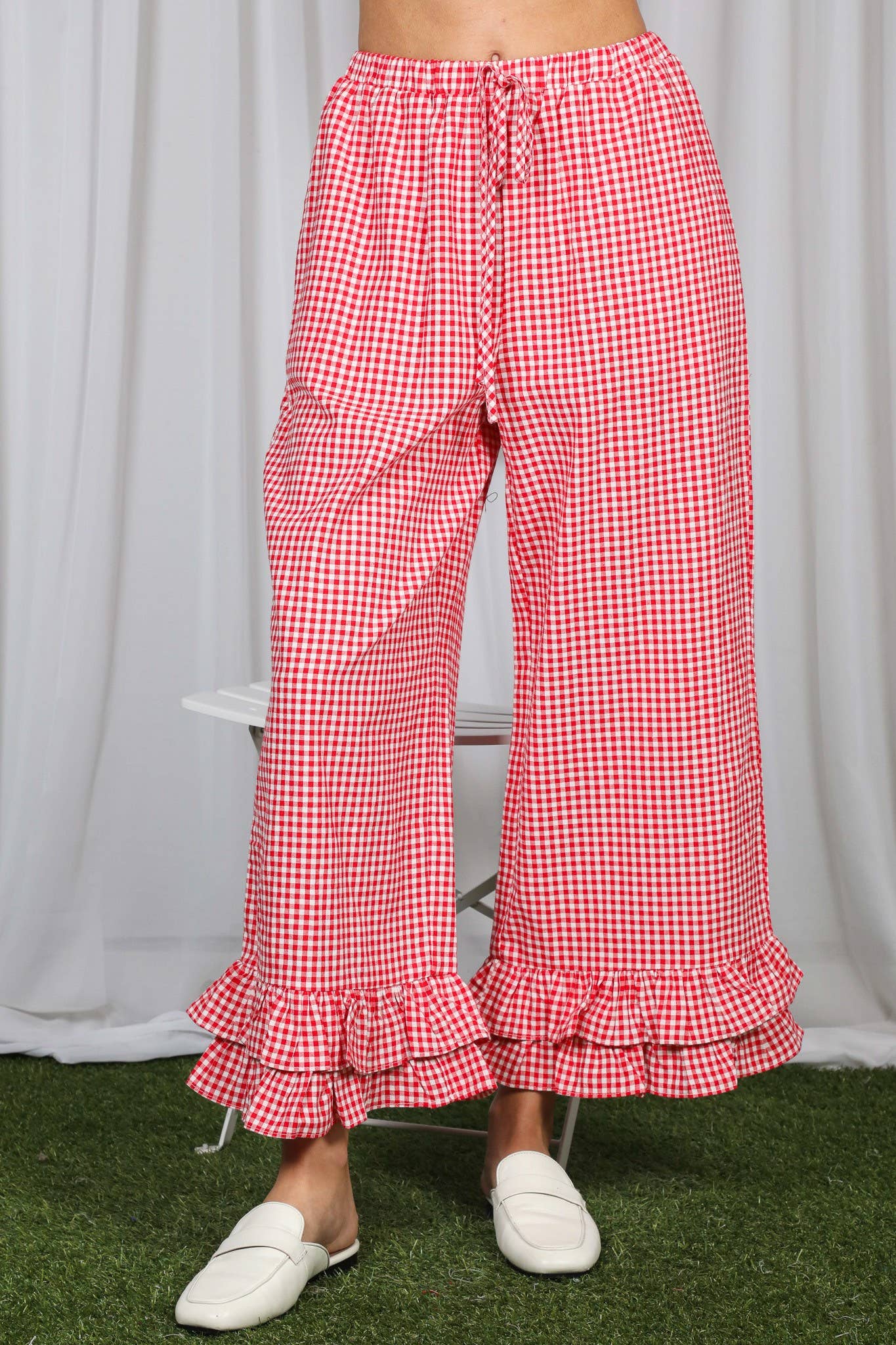 Gingham Casual Ruffled Hem 100%Cotton Cropped Pants VP83379A: Red / M