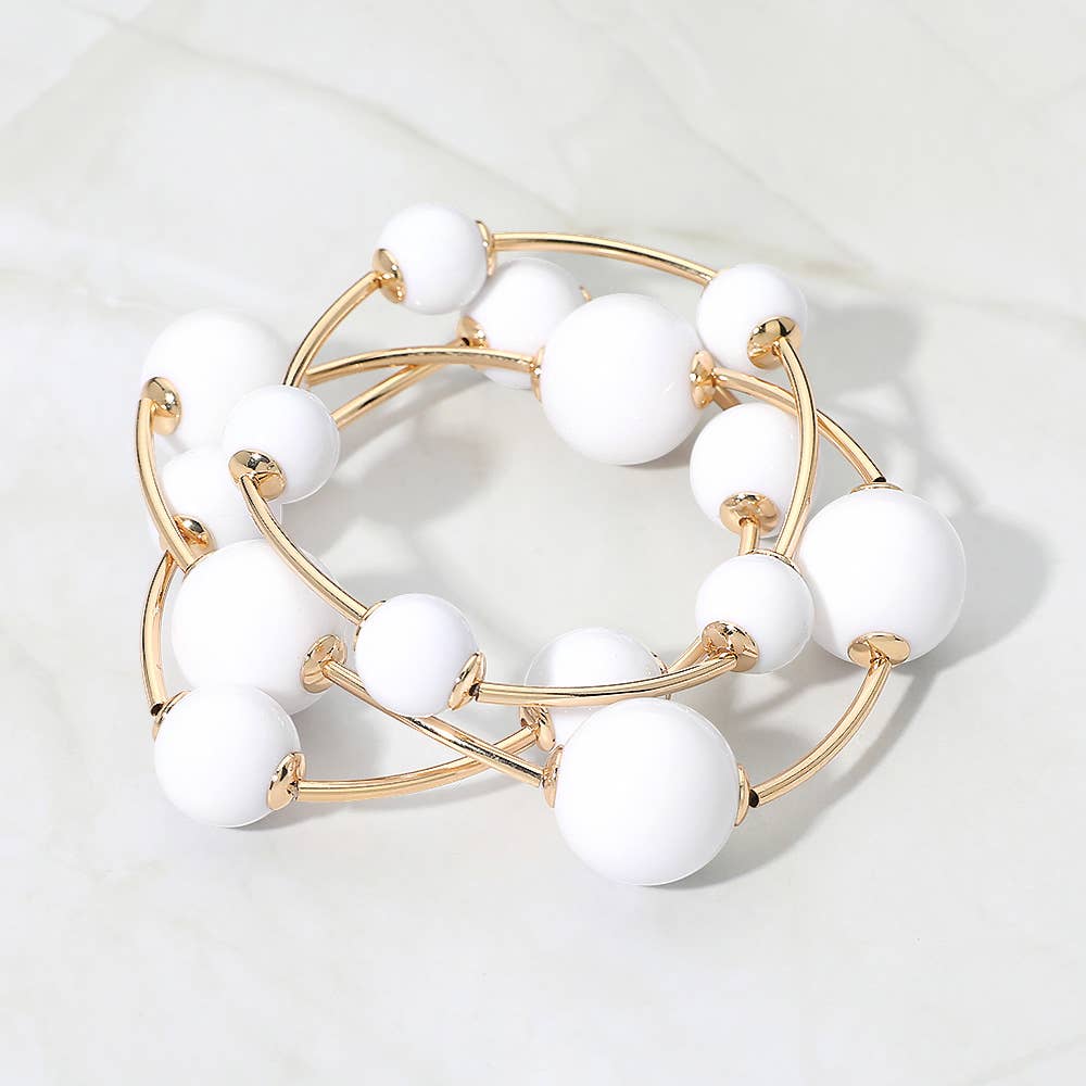 3PCS - Resin Ball Metal Bar Beaded Stretch Stackable Multi Layered Bracelets: Gold,Light Blue